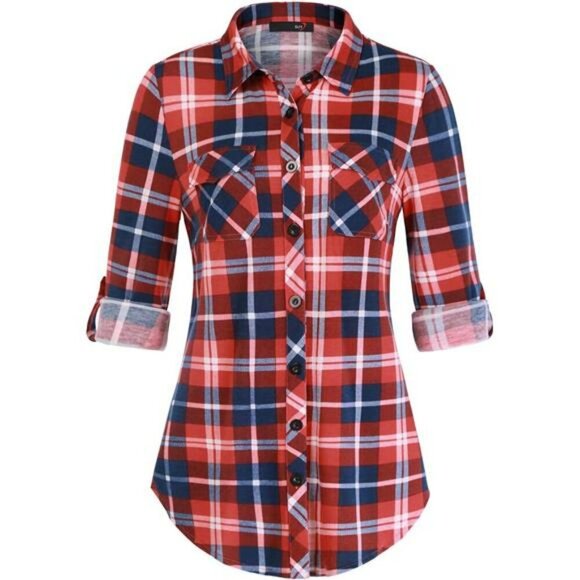 Plaid Button Down Shirt Womens Long Sleeve Collared Roll Up Stretchy Top - Picture 1 of 7